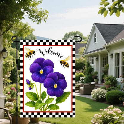 IVN Welcome Garden Flag 12x18 Inch Double Sided Spring Summer Garden Yard Flags Purple Pansy Flowers Bees Decorative Small Flags for Outdoor Seasonal Front Door Lawn Porch Patio Decor Yard Flag