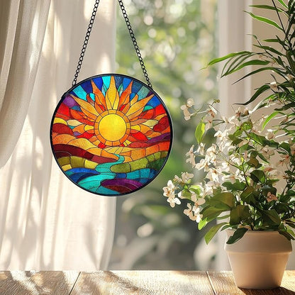 Sunshine Suncatcher Stained Glass Window Hanging, Nature Sunset Landscape Sun Catchers Indoor Window Glass Wall Art Decor, Sun Wall Hanging Decor Decorations, 7.9x7.9 Inch