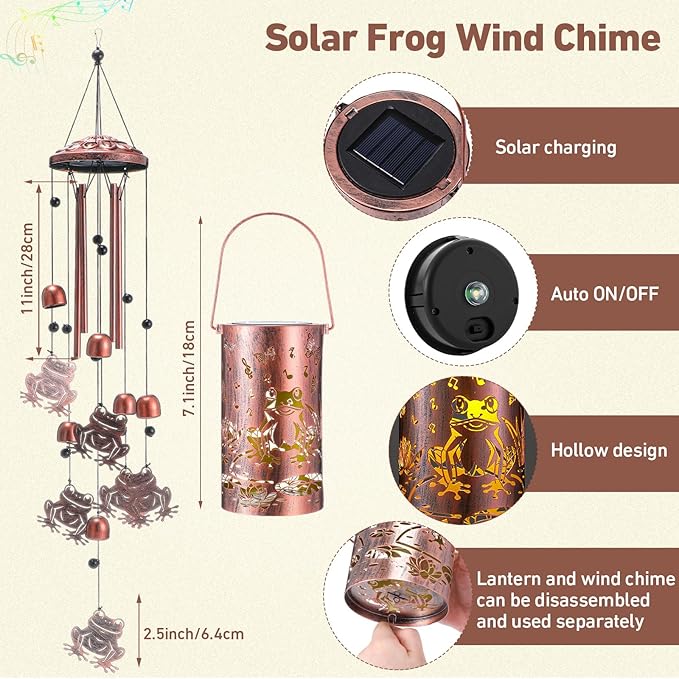 Retisee Frog Design Solar Wind Chimes Outdoor Metal Frog Gifts Solar Light Windchimes Outside Indoors Christmas Decoration Birthday Gift for Home Lawn Porch Patio Garden Yard