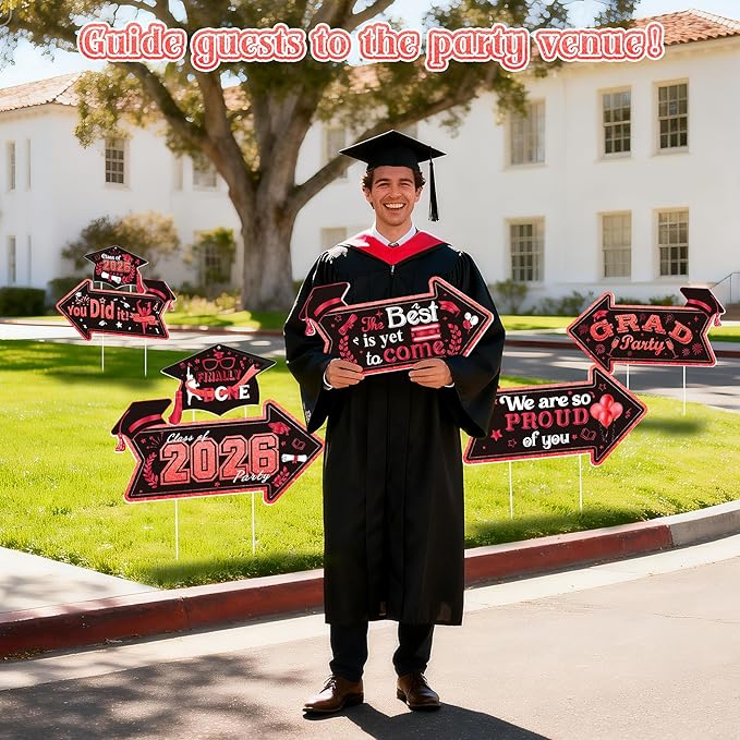 Class of 2026 Graduation Yard Sign Arrow for Outdoor Pathway,Graduation Cap Hanging Yard Signs,Black Red This Way Yard Signs with Stakes Ribbon,Graduation Party Decor for College High School