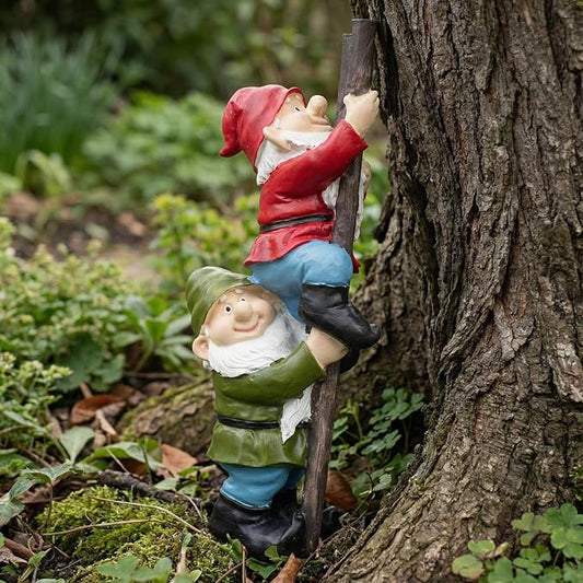Elenon Funny Gnomes on Ladders Garden Statue, Gnomes Climbing Tree Figurine, Resin Outdoor Yard Lawn Decor, Cute Whimsical Patio Ornament for Garden, Porch, Backyard Decoration