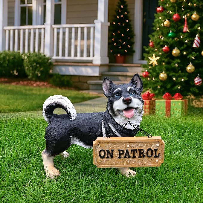Husky Dog Garden Statue with Solar Lantern Light, Outdoor Resin Animal Figurine with Welcome & On Patrol Sign, Patio Yard Lawn Porch Decor, Housewarming Pet Memorial Gift, 9.8 Inch