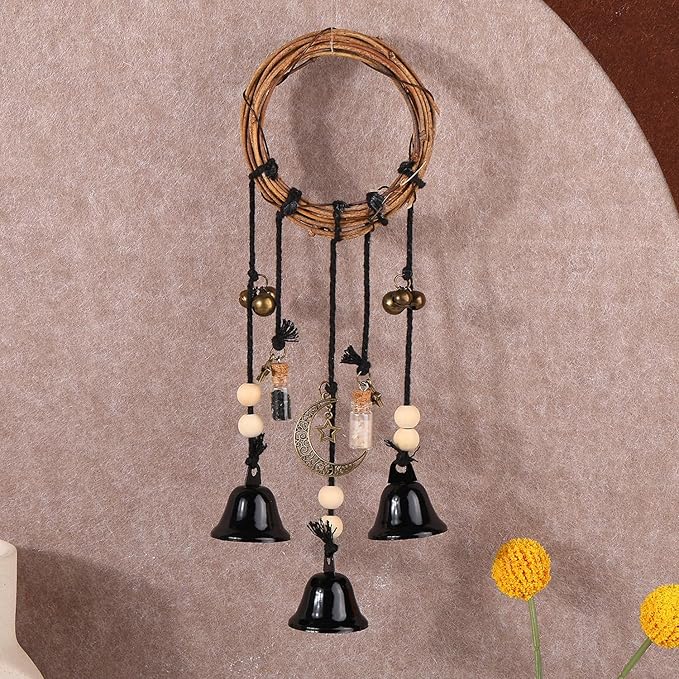 Witch Bells for Door Knob for Protection Hanging Bell Wind Chimes Handmade Decorative Bell for Boho Home Room Witchy Decor(Black)