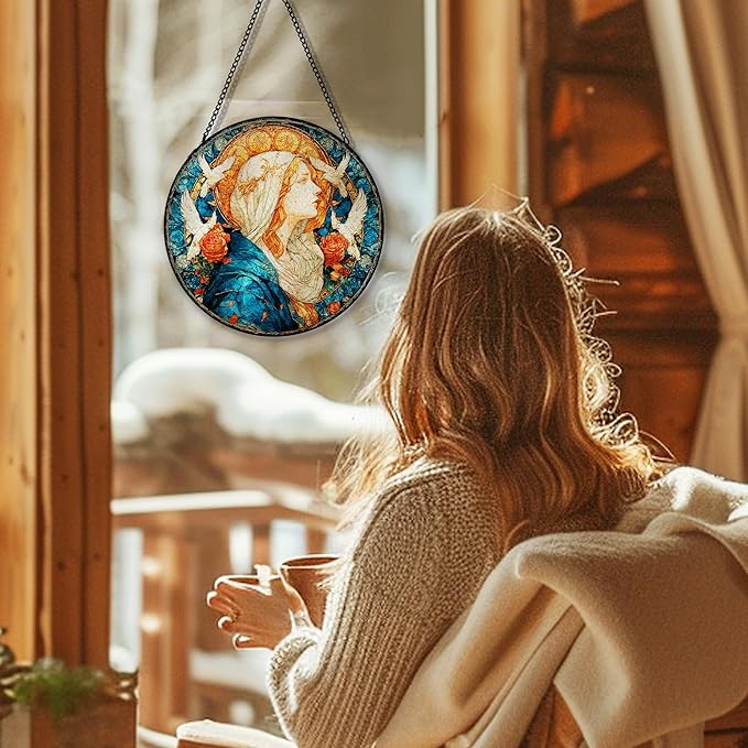 Christian Virgin Mary Suncatcher Garden Stained Glass Window Hanging, Our Lady of Grace Sun Catchers Indoor Window Glass Round Wall Decor, Religious Wall Art Hanging Decorations, ＂7.8x7.8＂