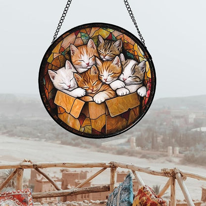 Stained Glass Window Hanging 6 Cute Kittens 7.8" - Cat Gift Suncatcher Door Sun Catcher Decor Birthday Christmas for Lost Pets Mom Men Woman Friend