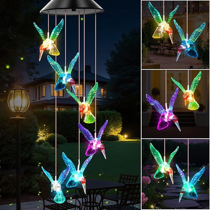 WENANA Blue Hummingbird Solar Wind Chimes Color Changing Lights Outdoor, Best Gifts for Mom Grandma Women Wife Aunt Daughter Sister, Unique Mobile Wind Chime, Gardening Yard Decorations