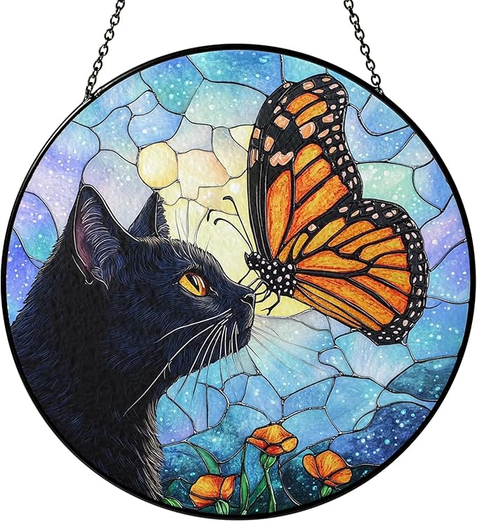 Black Cat Gifts, Cat Memorial Suncatcher Gift for Loss of Cats, Butterfly Stained Glass Suncatcher Window Hanging Decor for Garden, Pet Loss Gift Christmas Birthday Sympathy Gifts for Pet Lovers Women