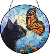 Black Cat Gifts, Cat Memorial Suncatcher Gift for Loss of Cats, Butterfly Stained Glass Suncatcher Window Hanging Decor for Garden, Pet Loss Gift Christmas Birthday Sympathy Gifts for Pet Lovers Women