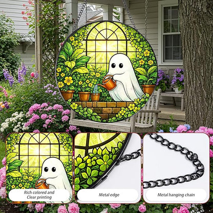 Rngmsi Stained Glass Window Hanging, 7.8″ Ghost Sun Catchers Art Decor Indoor Window, Decorative Suncatchers Hanging Ornaments Home Garden Gift for Plant Lover Housewarming
