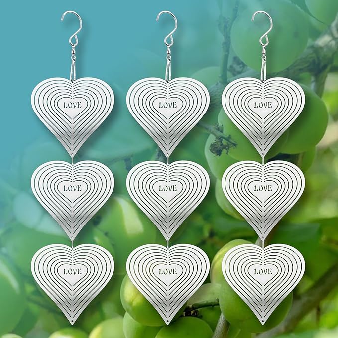 Shiny Metal Bird Reflectors Wind Spinners 360° Wind-Spinning Quiet Reflective Bird Deterrent Decor for Small Yard Orchard Bird-Prone Areas (Heart-Shaped/Silver / 9 Pcs / 3 Set)