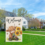 Heyfibro Welcome Summer Highland Cow Garden Flag 12x18 Double Sided Burlap Spring Flower Sunflower Bee Small Yard Banner for Rustic Seasonal Outside Outdoor House Decoration (ONLY FLAG)