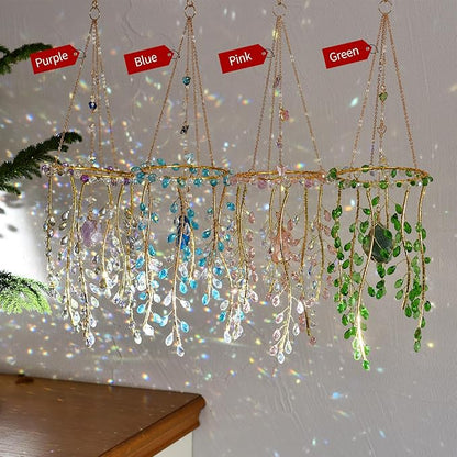 Crystal Hanging Suncatcher with Natural Stone, 16.9 Inch Decorative Wind Chime, Gold Chain & Branch Design (Green)