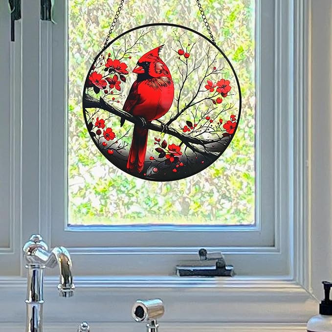 Red Cardinal Garden Suncatchers Outdoor, Cardinal on Branch Stained Glass Window Hanging for Kitchen Living Room, Birds Window Decor Birthday Gift for Mom Grandma 7.9"/20cm