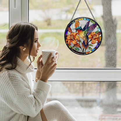 Hummingbird Flower Stained Glass Window Hanging Suncatchers, Hummingbird Bird Sun Catchers Indoor Window Glass Wall Art Decor, Bird Floral Wall Hanging Decorations Sculptures, 7.9x7.9in