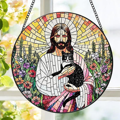 Stained Glass Window Hanging, 8 Inch Jesus Black Cat Suncatcher, Sun Catchers Indoor Window, Flowers Birds Cross Religious Home Garden Decor Glass Panel, Easter Faith Christian Gifts for Women Men