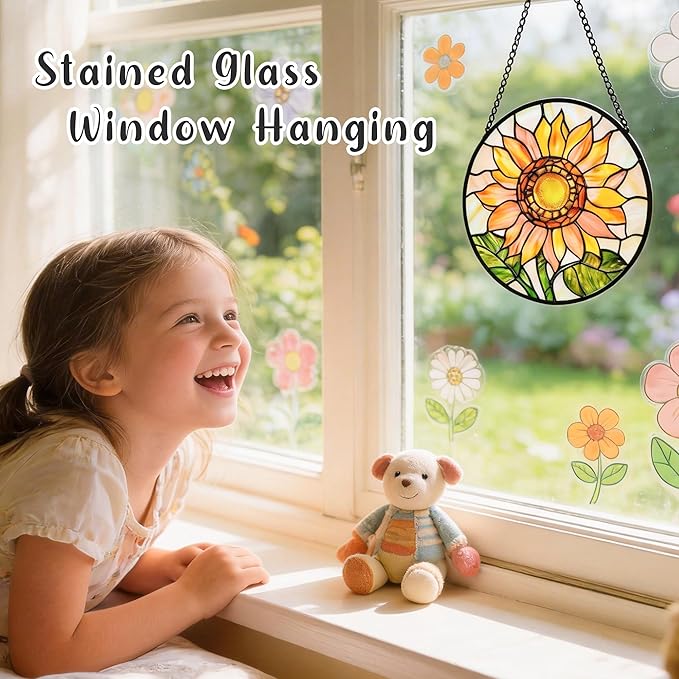 Sun Catcher Window Hanging Stained Glass, 4 pcs Floral Designs of Poppy Sunflower Rose Lily, for Bedroom Garden Kitchen Decor, Gifts for Mom, 6.3 Inch