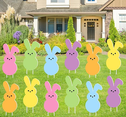 Whaline 12Pcs Easter Bunny Yard Sign with 24Pcs Stakes Fishing Line Colorful Bunny Hanging Ornament Cute Rabbit Lawn Sign for Spring Outdoor Lawn Pathway Walkway Tree Porch Party Garden Decorations