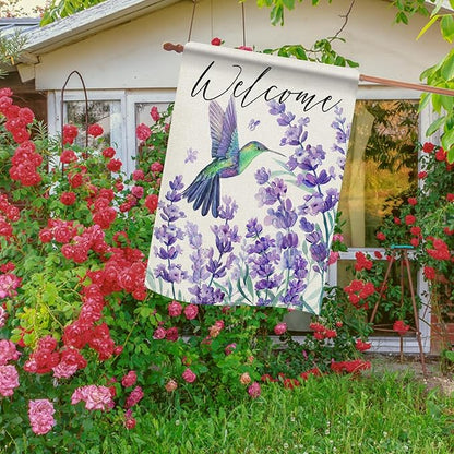 Dyrenson Welcome Spring Summer Hummingbird Lavender 28 x 40 House Flag Double Sided, Purple Flower Floral Garden Yard Decorations, Seasonal Burlap Outdoor Decor Decorative Large Flag