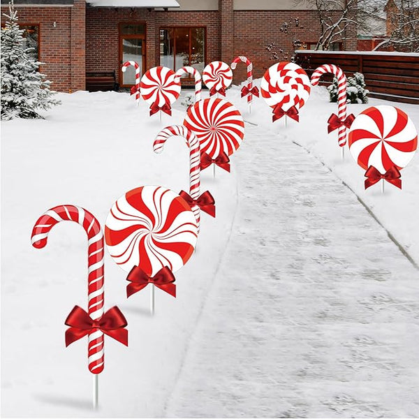 Glenmal 12 Pcs Christmas Yard Decor Outdoor Peppermint and Candy Cane Yard Decorations with Stakes Waterproof Xmas Garden Lawn Pathway Decorations Christmas Decor Outside(Red Peppermint)