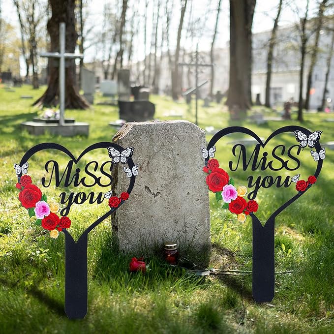 Cemetery Decorations for Grave, Happy Mom Dad Grave Decorations for Cemetery, Memorial Heart Graves Markers for Outdoors