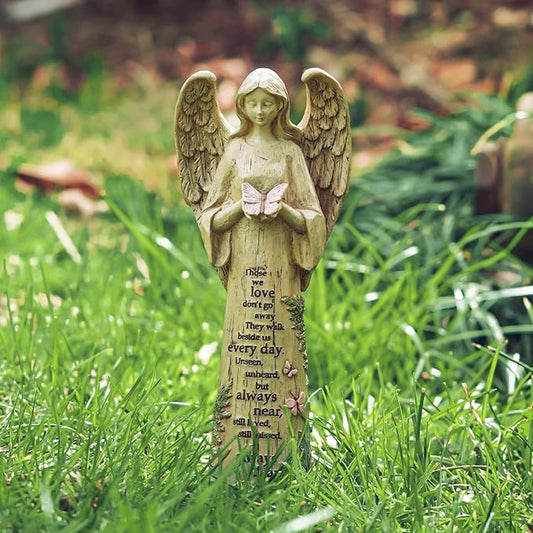 Topadorn Angel Statue Decoration for Garden & Patio, Standing Angel with Butterfly Memorial Resin Figurine Sculpture Ornament, Waterproof Antique Stone, 10''H
