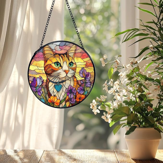 Cat Flower Suncatcher Stained Glass Window Hanging, Orange Cat Sun Catchers Indoor Window Glass Wall Art Decor, Kitten Floral Wall Hanging Decor Decorations, 7.9x7.9 Inch