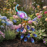 TERESA'S COLLECTIONS Solar Garden Lights Outdoor Garden Decor, Metal Peacock Decorations for Yard, 33'' Purple Decorative Garden Stake for Outside with Crackle Glass Ball, Lawn Party Gifts for Mom