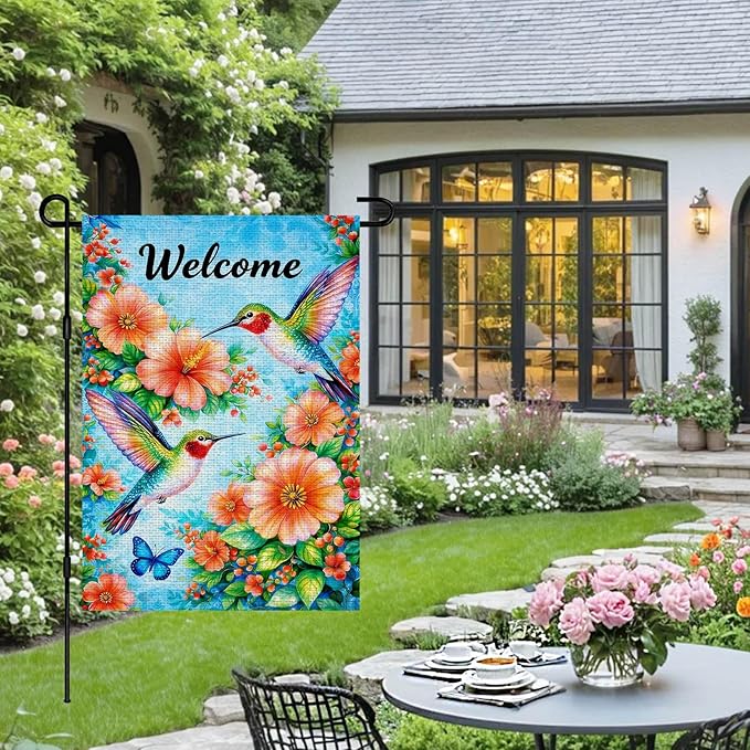 IVN Hummingbird Garden Flag 12x18 Inch – Welcome Floral Outdoor Flag, Double Sided Burlap Spring Summer Yard Flag for Porch Lawn Patio Decor