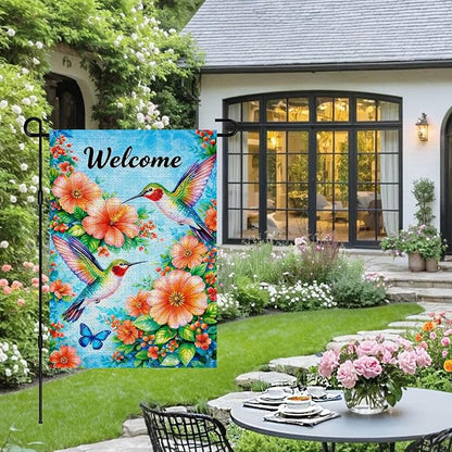 IVN Hummingbird Garden Flag 12x18 Inch – Welcome Floral Outdoor Flag, Double Sided Burlap Spring Summer Yard Flag for Porch Lawn Patio Decor