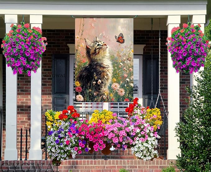 Spring House Flag 28x40 Inch Double Sided, Cat and Butterfly Floral Garden Flags Large Burlap Outdoor Yard Flag for Farmhouse Holiday Outside Decorations