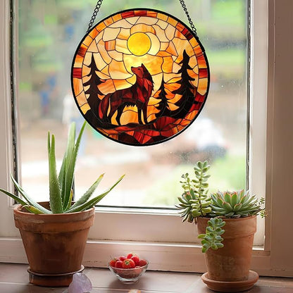 CHATYOUNG Stained Glass Window Hanging Orange Night Moon Wolf Trees Large 15" - Suncatcher Door Garden Sunroom Sun Catcher Home Decor Birthday Christmas for Mom Men Woman Nana Friend