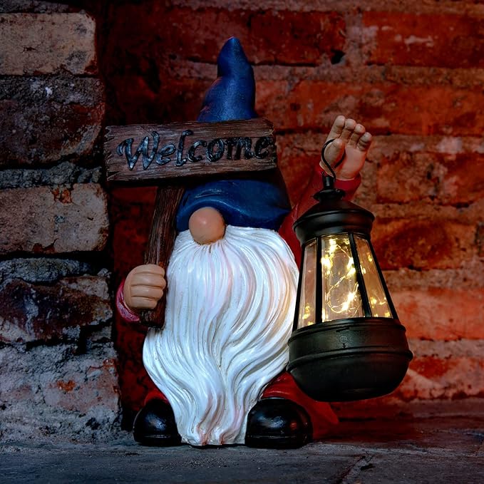 Garden Gnome Outdoor Decoration Solar Gnomes Statue with Lantern LED Lights,Terrace Courtyard Lawn Patio Porch Spring Decoration Easter Christmas Housewarming Gifts for Mom Women, Gnome Blue