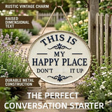Happy Place – Vintage Statement Metal Sign Round Rustic Wall Decor Funny Garden Sign “This Is My Happy Place Please Respect The Vibe” Metal Hanging Plaque for Front Door Home Office Kitchen (2PCS, 12 * 12in)