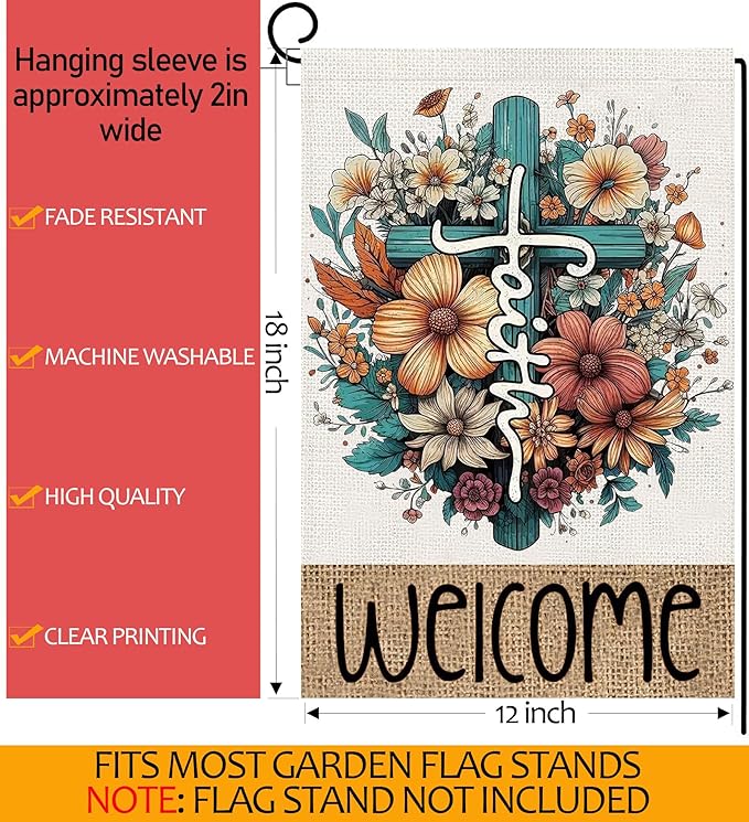 Welcome Cross Flowers Garden Flags 12x18 Vertical Double Sided, Easter Spring Summer Yard Flag for Outside Religious Decor, He Is Risen Holiday Outdoor Seasonal Decorations for Home