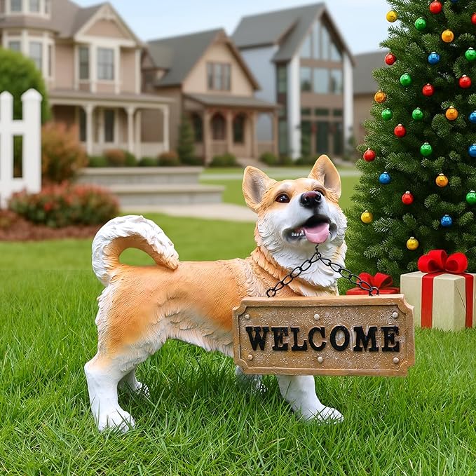 Dog Garden Statue with Solar Lantern & Welcome Sign, Lifelike Shiba Inu Outdoor Yard Art Sculpture, Resin Puppy Figurine Decor for Patio, Porch, Lawn, Gifts for Dog Lovers (9.8 Inch)