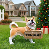 Dog Garden Statue with Solar Lantern & Welcome Sign, Lifelike Shiba Inu Outdoor Yard Art Sculpture, Resin Puppy Figurine Decor for Patio, Porch, Lawn, Gifts for Dog Lovers (9.8 Inch)
