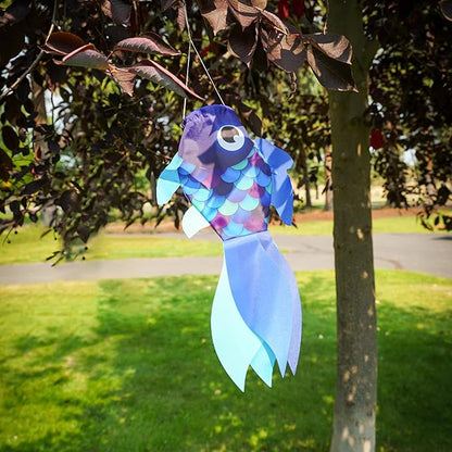 In the Breeze 5218 — 15-inch Cool Damsel Fish Windsock — Colorful Blue Fishsock Hanging Garden Décor with Detailed Printed Graphics