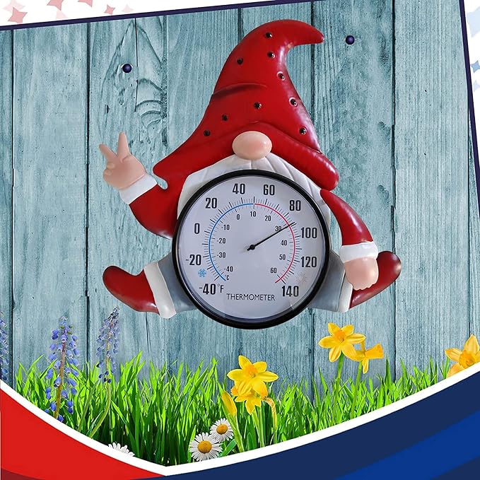 Metal Gnome Thermometer Indoor Outdoor Wall Art Decor Plaque Sculpture Hanging Mounted for Living Room Bedroom Kitchen Workroom Patio, Waterproof,No Battery Required