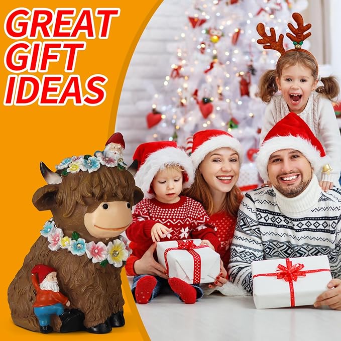 Solar Highland Cow Garden Decor 6.6” Outdoor Statue Resin with Flower Decoration Funny Two Christmas Gnomes Decor,Birthday Gifts for Women Mom Highland Cow Figurine for Yard Patio Lawn Ornaments