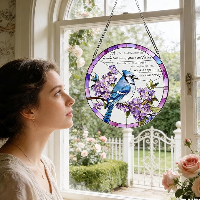 Stained Glass Window Hanging 7.8 in Memorial Ornaments with Poem Sympathy Gifts for Loss of Loved One Sun Catchers Indoor Window Bird Ornaments Suncatcher Decor