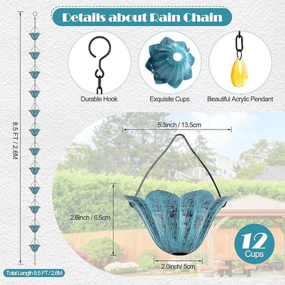 Tfro & Cile Gutter Rain Chain Blue Downspout Substitution Decorative Garden Rainwater Catcher Tulip Backyard Decor for Patio - 8 1/2 Feet Long