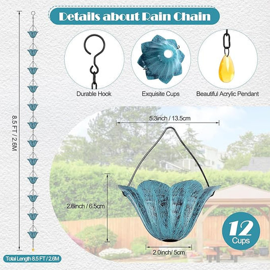 Tfro & Cile Gutter Rain Chain Blue Downspout Substitution Decorative Garden Rainwater Catcher Tulip Backyard Decor for Patio - 8 1/2 Feet Long
