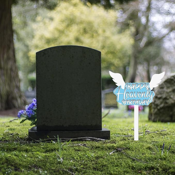 AceOrbit 13.8 X 7.9 Inches Large Happy Birthday in Heaven Decorations Cemetery Decorations for Grave Metal Memorial Remembrance Stake, Grave Markers for Human Cemetery Garden Yard Site Outdoor(Blue)