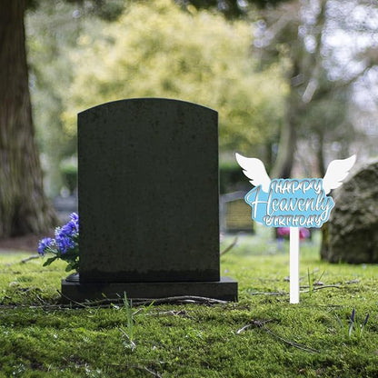AceOrbit 13.8 X 7.9 Inches Large Happy Birthday in Heaven Decorations Cemetery Decorations for Grave Metal Memorial Remembrance Stake, Grave Markers for Human Cemetery Garden Yard Site Outdoor(Blue)