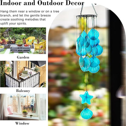 Stained Glass Wind Chimes for Outside,Handmade Large 25 inch Memorial Windchimes Outdoor,Sea Glass Decor for Patio Garden Balcony Porch (Shell & Starfish)