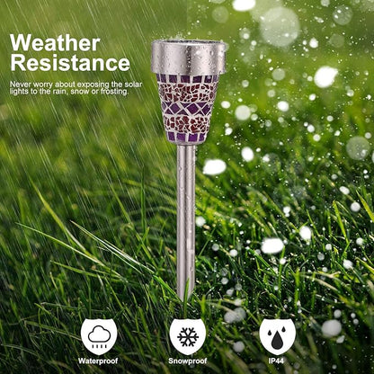 6-Pack Solar Mosaic Border Lawn Garden Lights, LED Mosaic Stake Lights Pathway Landscape Lighting for Patio Walkway Driveway Outdoor Christmas Garden Home Decoration (Purple)
