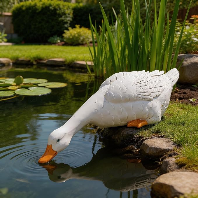 Porch Duck Statue Outdoor Decor,11.0''(D) Drinking White Duck Garden Sculptures for Yard Lawn,Resin Animal Figurines Home Patio Art Decorations