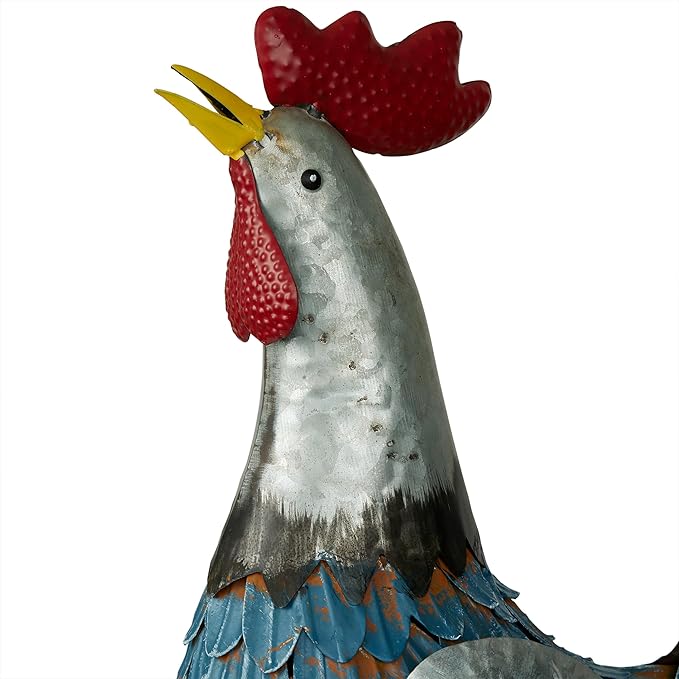 Alpine Corporation 23" Tall Outdoor Metal Silver Tail Rooster Statue with Vibrant Design, Garden Decor, Silver/Blue
