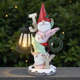 Garden Gnome Statue with Solar Lights, Funny Triple Gnome Holding Joy Outdoor Resin Sculptures Decor for Home Patio Lawn Yard Porch Balcony, Housewarming Birthday Gifts