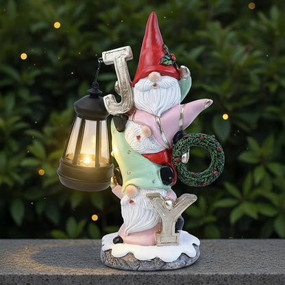 Garden Gnome Statue with Solar Lights, Funny Triple Gnome Holding Joy Outdoor Resin Sculptures Decor for Home Patio Lawn Yard Porch Balcony, Housewarming Birthday Gifts